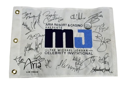 Michael Jordan Celebrity Golf Tournament Flag Signed by (19) Including Wayne Gretzky, Jerry Rice, Mario Lemieux, and Michael Phelps